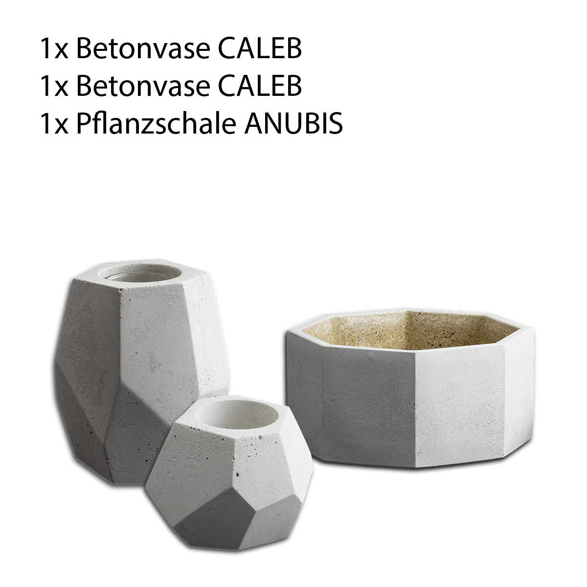 Blumentöpfe Set aus Beton. Vase, Planzschale und kleiner Übertopf.