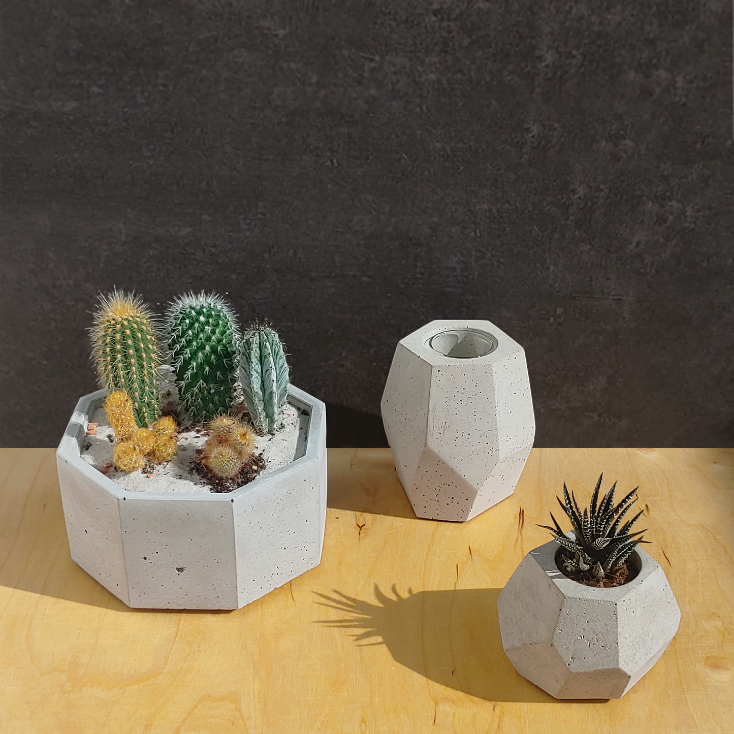 Blumentöpfe Set aus Beton. Vase, Planzschale und kleiner Übertopf. 