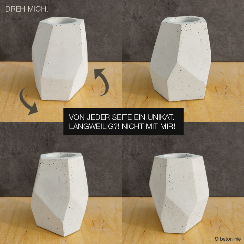 Das Bild zeigt eine Vase aus Beton. Die Form ist assymetrisch. Die Vase hat einen Glaseinsatz und ist somit auch für Schnittblumen geeignet.